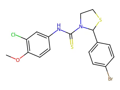 2-(4-bromophenyl)-N-(3-chloro-4-methoxyphenyl)-1,3-thiazolidine-3-carbothioamide structure