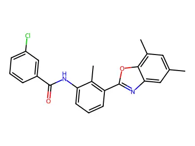 3-chloro-N-[3-(5,7-dimethyl-1,3-benzoxazol-2-yl)-2-methylphenyl]benzamide structure