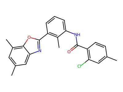 2-chloro-N-[3-(5,7-dimethyl-1,3-benzoxazol-2-yl)-2-methylphenyl]-4-methylbenzamide structure