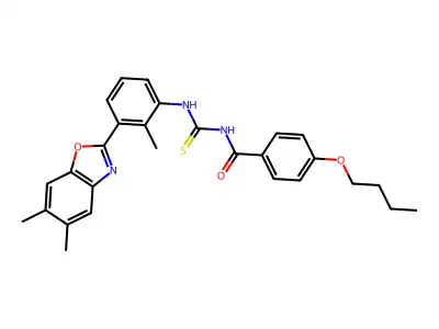 4-butoxy-N-{[3-(5,6-dimethyl-1,3-benzoxazol-2-yl)-2-methylphenyl]carbamothioyl}benzamide structure