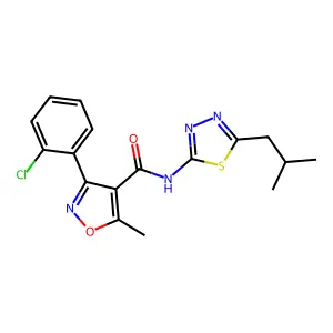3-(2-chlorophenyl)-5-methyl-N-[5-(2-methylpropyl)-1,3,4-thiadiazol-2-yl]-1,2-oxazole-4-carboxamide structure