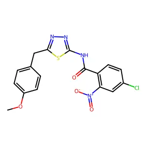 4-chloro-N-[5-(4-methoxybenzyl)-1,3,4-thiadiazol-2-yl]-2-nitrobenzamide structure