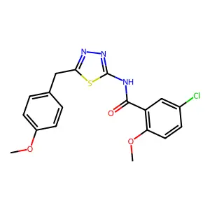 5-chloro-2-methoxy-N-[5-[(4-methoxyphenyl)methyl]-1,3,4-thiadiazol-2-yl]benzamide structure