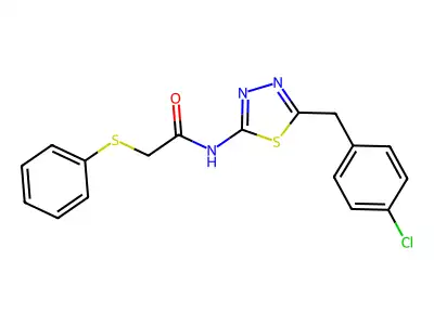N-[5-[(4-chlorophenyl)methyl]-1,3,4-thiadiazol-2-yl]-2-phenylsulfanylacetamide structure
