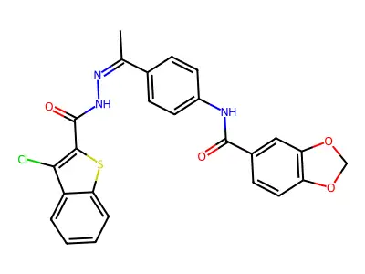 N-[4-[N-[(3-chloro-1-benzothiophene-2-carbonyl)amino]-C-methylcarbonimidoyl]phenyl]-1,3-benzodioxole-5-carboxamide structure
