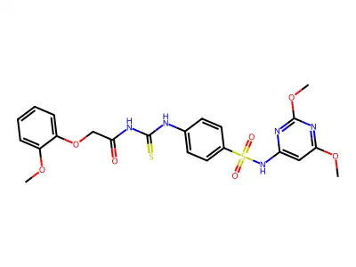 N-{[(4-{[(2,6-dimethoxy-4-pyrimidinyl)amino]sulfonyl}phenyl)amino]carbonothioyl}-2-(2-methoxyphenoxy)acetamide structure