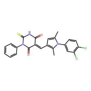 (5E)-5-{[1-(3,4-dichlorophenyl)-2,5-dimethyl-1H-pyrrol-3-yl]methylidene}-1-phenyl-2-thioxodihydropyrimidine-4,6(1H,5H)-dione structure