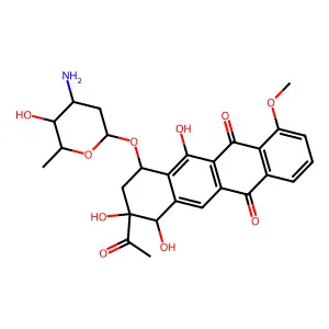 7-O-(3-amino-2,3,6-trideoxy-alpha-ribo-hexopyranosyl)daunomycinone structure