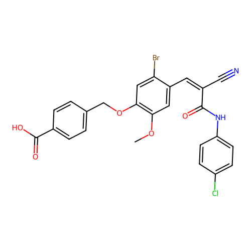 4-[(5-bromo-4-{(1Z)-3-[(4-chlorophenyl)amino]-2-cyano-3-oxoprop-1-en-1-yl}-2-methoxyphenoxy)methyl]benzoic acid structure