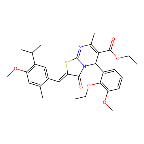 ethyl (2Z)-5-(2-ethoxy-3-methoxyphenyl)-2-[4-methoxy-2-methyl-5-(propan-2-yl)benzylidene]-7-methyl-3-oxo-2,3-dihydro-5H-[1,3]thiazolo[3,2-a]pyrimidine-6-carboxylate structure