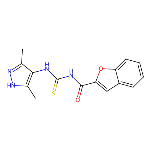 N-[(3,5-dimethyl-1H-pyrazol-4-yl)carbamothioyl]-1-benzofuran-2-carboxamide structure