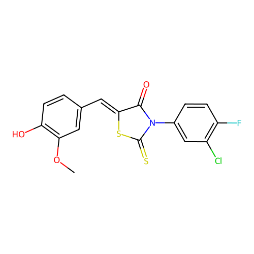 (Z)-3-(3-chloro-4-fluorophenyl)-5-(4-hydroxy-3-methoxybenzylidene)-2-thioxothiazolidin-4-one structure