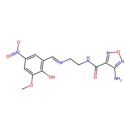 4-amino-N-(2-{[(E)-(2-hydroxy-3-methoxy-5-nitrophenyl)methylidene]amino}ethyl)-1,2,5-oxadiazole-3-carboxamide structure
