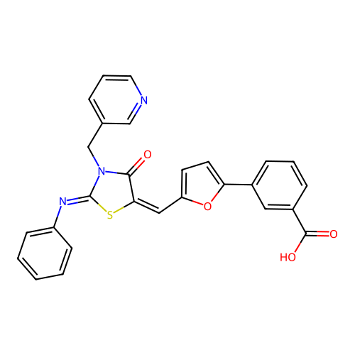 3-(5-((E)-((E)-4-oxo-2-(phenylimino)-3-(pyridin-3-ylmethyl)thiazolidin-5-ylidene)methyl)furan-2-yl)benzoic acid structure