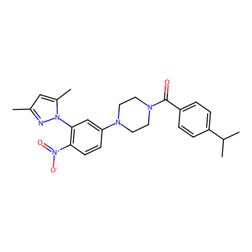 (4-(3-(3,5-dimethyl-1H-pyrazol-1-yl)-4-nitrophenyl)piperazin-1-yl)(4-isopropylphenyl)methanone structure