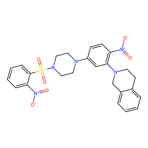2-[2-nitro-5-[4-(2-nitrophenyl)sulfonylpiperazin-1-yl]phenyl]-3,4-dihydro-1H-isoquinoline structure