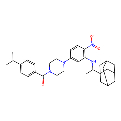 (4-(3-((1-((3r,5r,7r)-adamantan-1-yl)ethyl)amino)-4-nitrophenyl)piperazin-1-yl)(4-isopropylphenyl)methanone structure