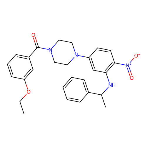 (3-ethoxyphenyl)(4-(4-nitro-3-((1-phenylethyl)amino)phenyl)piperazin-1-yl)methanone structure