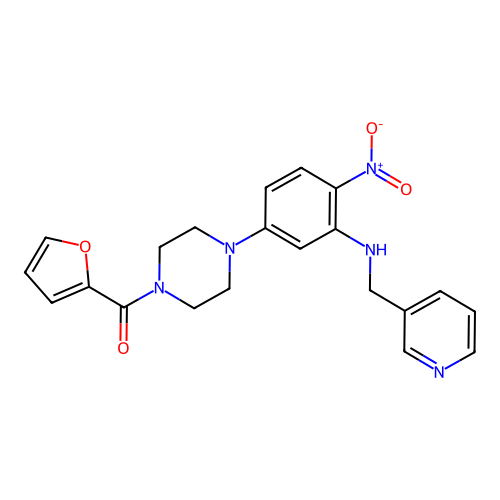furan-2-yl(4-(4-nitro-3-((pyridin-3-ylmethyl)amino)phenyl)piperazin-1-yl)methanone structure