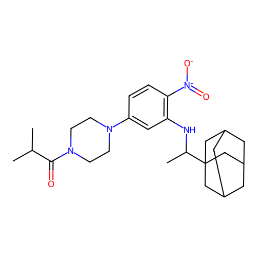 1-(4-(3-((1-((3r,5r,7r)-adamantan-1-yl)ethyl)amino)-4-nitrophenyl)piperazin-1-yl)-2-methylpropan-1-one structure