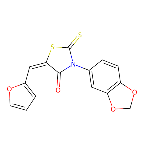 (5E)-3-(1,3-benzodioxol-5-yl)-5-(furan-2-ylmethylidene)-2-thioxo-1,3-thiazolidin-4-one structure