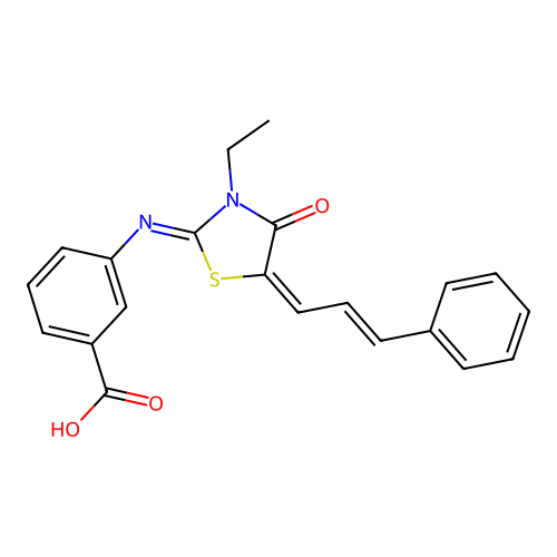 3-({(2Z,5E)-3-ethyl-4-oxo-5-[(2E)-3-phenylprop-2-en-1-ylidene]-1,3-thiazolidin-2-ylidene}amino)benzoic acid structure