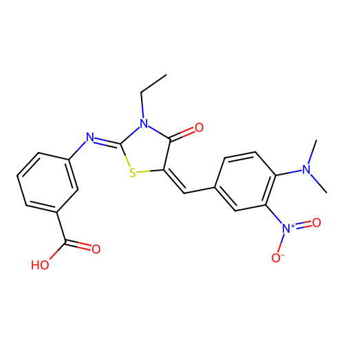 3-({(2Z,5E)-5-[4-(dimethylamino)-3-nitrobenzylidene]-3-ethyl-4-oxo-1,3-thiazolidin-2-ylidene}amino)benzoic acid structure