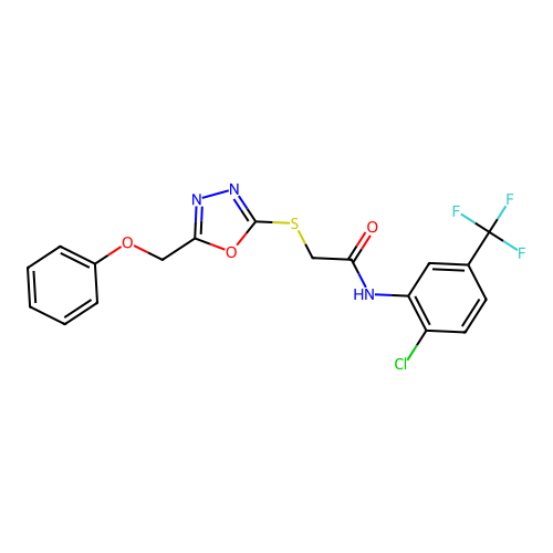 N-(2-chloro-5-(trifluoromethyl)phenyl)-2-((5-(phenoxymethyl)-1,3,4-oxadiazol-2-yl)thio)acetamide structure