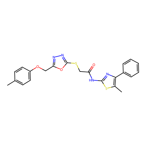 2-({5-[(4-methylphenoxy)methyl]-1,3,4-oxadiazol-2-yl}sulfanyl)-N-[(2E)-5-methyl-4-phenyl-1,3-thiazol-2(3H)-ylidene]acetamide structure