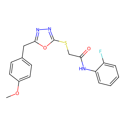 N-(2-fluorophenyl)-2-({5-[(4-methoxyphenyl)methyl]-1,3,4-oxadiazol-2-yl}sulfanyl)acetamide structure