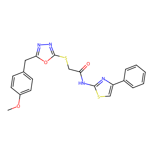 2-{[5-(4-methoxybenzyl)-1,3,4-oxadiazol-2-yl]sulfanyl}-N-(4-phenyl-1,3-thiazol-2-yl)acetamide structure