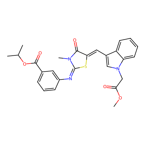 isopropyl 3-((E)-((Z)-5-((1-(2-methoxy-2-oxoethyl)-1H-indol-3-yl)methylene)-3-methyl-4-oxothiazolidin-2-ylidene)amino)benzoate structure