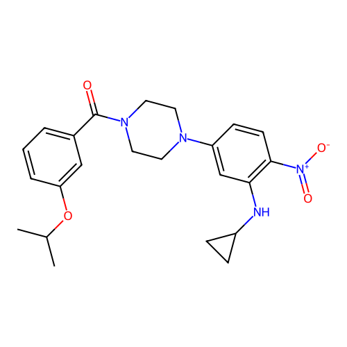 (4-(3-(cyclopropylamino)-4-nitrophenyl)piperazin-1-yl)(3-isopropoxyphenyl)methanone structure