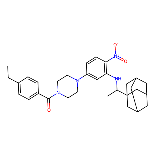 (4-(3-((1-((3r,5r,7r)-adamantan-1-yl)ethyl)amino)-4-nitrophenyl)piperazin-1-yl)(4-ethylphenyl)methanone structure