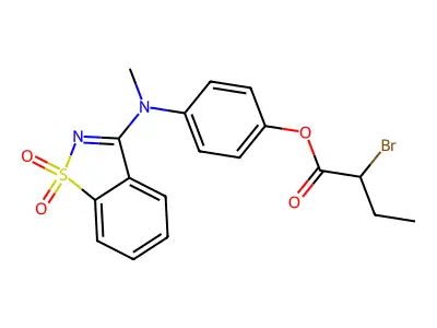 4-[(1,1-Dioxido-1,2-benzothiazol-3-yl)(methyl)amino]phenyl 2-bromobutanoate structure