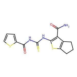 2-(thiophene-2-carbonylcarbamothioylamino)-5,6-dihydro-4H-cyclopenta[b]thiophene-3-carboxamide structure