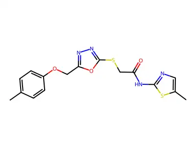 2-({5-[(4-methylphenoxy)methyl]-1,3,4-oxadiazol-2-yl}sulfanyl)-N-(5-methyl-1,3-thiazol-2-yl)acetamide structure