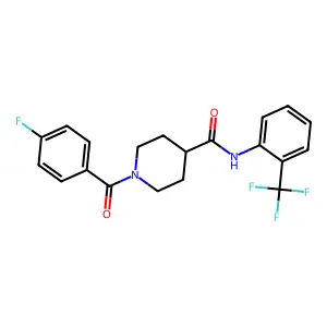 1-(4-fluorobenzoyl)-N-[2-(trifluoromethyl)phenyl]piperidine-4-carboxamide structure
