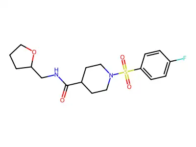 1-(4-fluorophenyl)sulfonyl-N-(oxolan-2-ylmethyl)piperidine-4-carboxamide structure