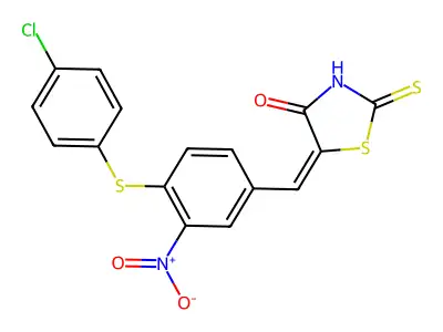 5-({4-[(4-chlorophenyl)sulfanyl]-3-nitrophenyl}methylene)-2-thioxo-1,3-thiazolan-4-one structure