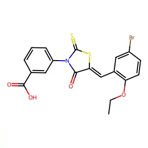 3-[(5E)-5-(5-bromo-2-ethoxybenzylidene)-4-oxo-2-thioxo-1,3-thiazolidin-3-yl]benzoic acid structure