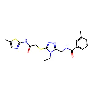 N-[[4-ethyl-5-[2-[(5-methyl-1,3-thiazol-2-yl)amino]-2-oxoethyl]sulfanyl-1,2,4-triazol-3-yl]methyl]-3-methylbenzamide structure