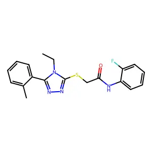 2-[[4-ethyl-5-(2-methylphenyl)-1,2,4-triazol-3-yl]sulfanyl]-N-(2-fluorophenyl)acetamide structure
