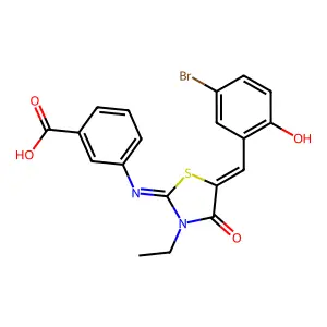 3-{[(2Z,5E)-5-(5-bromo-2-hydroxybenzylidene)-3-ethyl-4-oxo-1,3-thiazolidin-2-ylidene]amino}benzoic acid structure