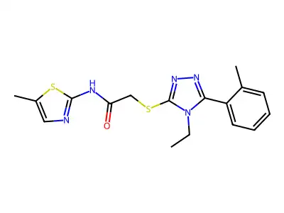 2-[[4-ethyl-5-(2-methylphenyl)-1,2,4-triazol-3-yl]sulfanyl]-N-(5-methyl-1,3-thiazol-2-yl)acetamide structure