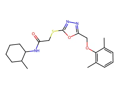 2-({5-[(2,6-dimethylphenoxy)methyl]-1,3,4-oxadiazol-2-yl}sulfanyl)-N-(2-methylcyclohexyl)acetamide structure