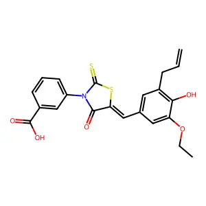 3-{(5E)-5-[3-ethoxy-4-hydroxy-5-(prop-2-en-1-yl)benzylidene]-4-oxo-2-thioxo-1,3-thiazolidin-3-yl}benzoic acid structure