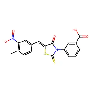 3-[(5E)-5-(4-methyl-3-nitrobenzylidene)-4-oxo-2-thioxo-1,3-thiazolidin-3-yl]benzoic acid structure