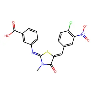 3-{[(2Z,5E)-5-(4-chloro-3-nitrobenzylidene)-3-methyl-4-oxo-1,3-thiazolidin-2-ylidene]amino}benzoic acid structure