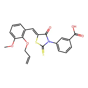 3-{(5E)-5-[3-methoxy-2-(prop-2-en-1-yloxy)benzylidene]-4-oxo-2-thioxo-1,3-thiazolidin-3-yl}benzoic acid structure